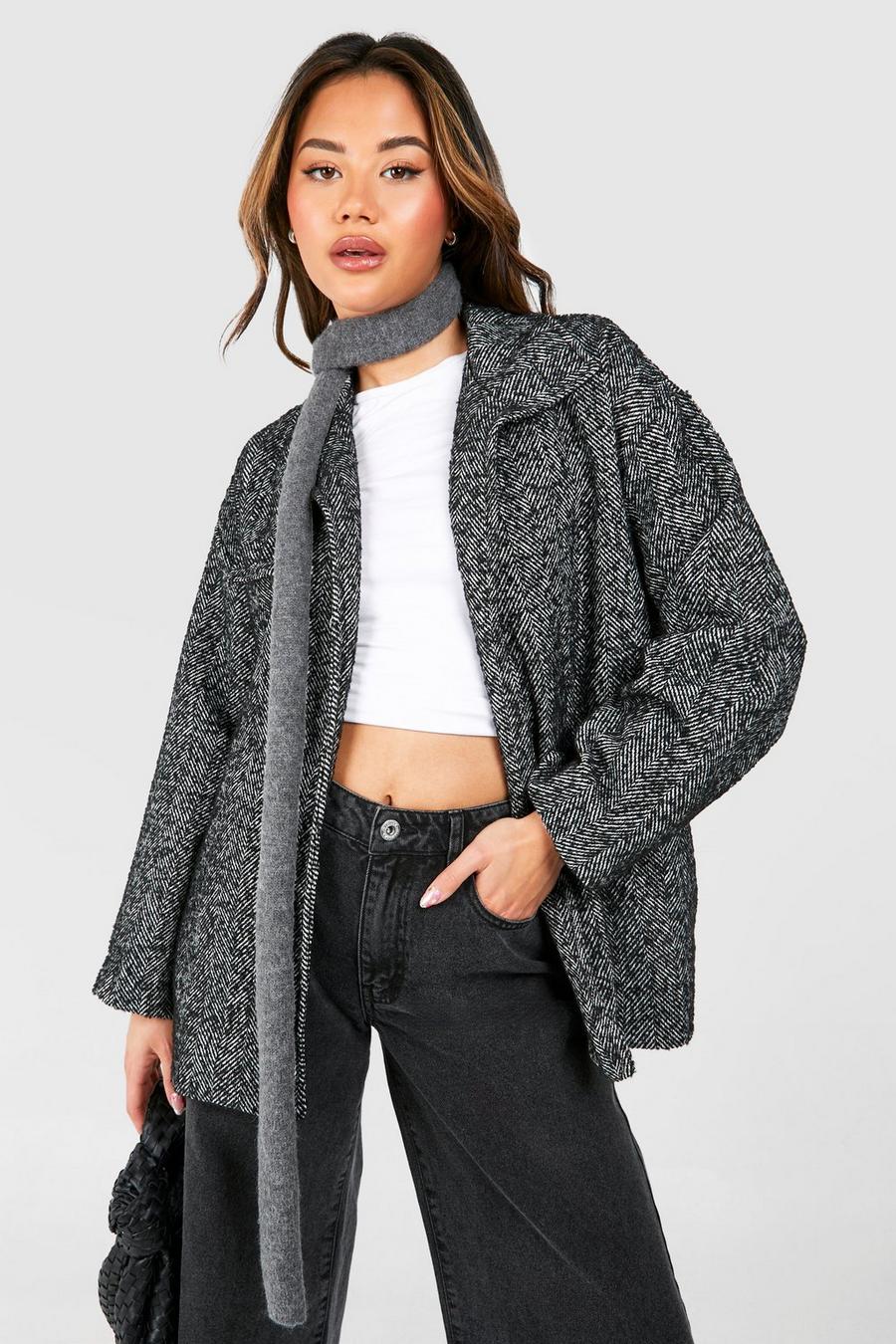 Grey Herringbone Belted Wool Look Jacket