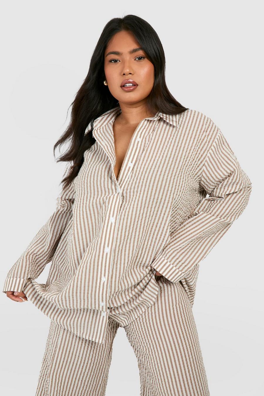 Beige Plus Textured Stripe Beach Shirt 