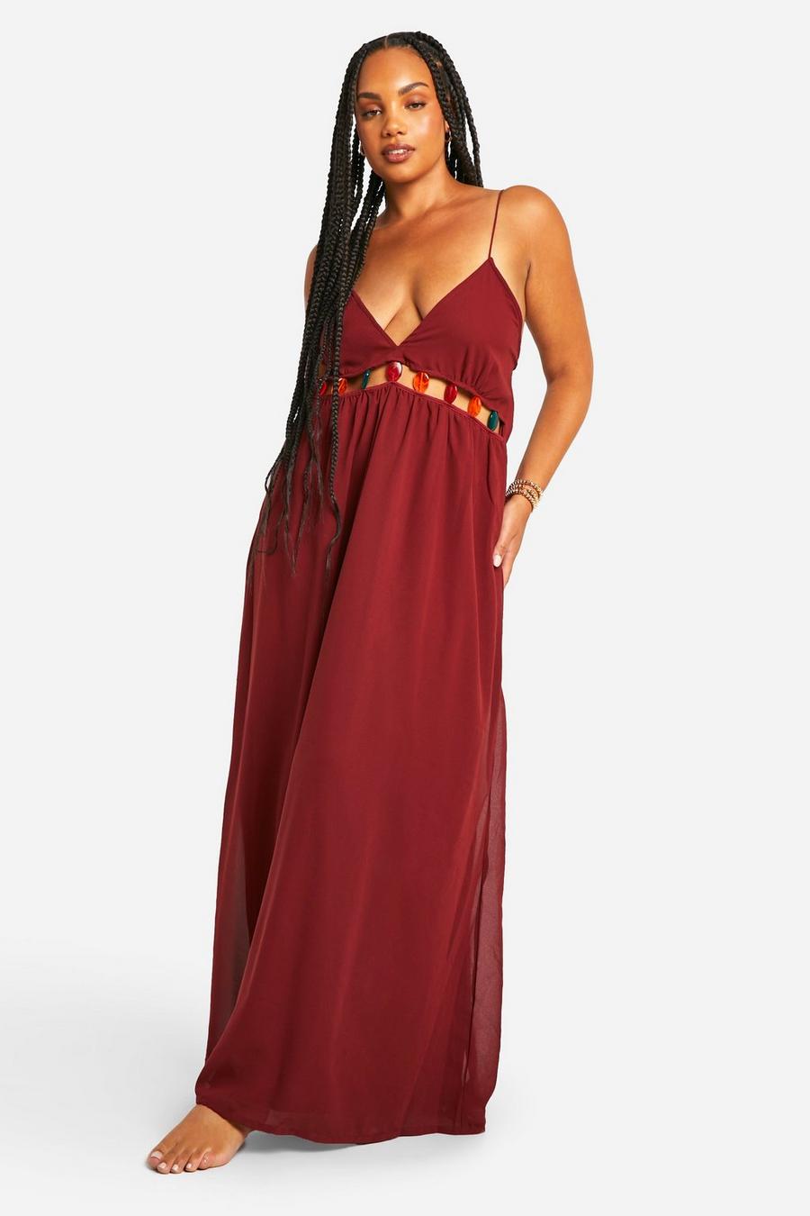 Dark red Plus Beaded Beach Maxi Dress 