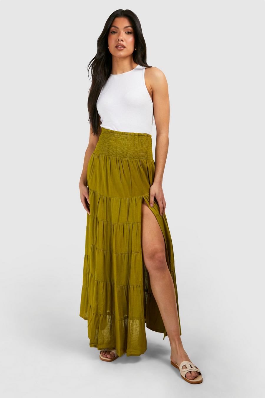 Light khaki Maternity Shirred Tiered Maxi Skirt