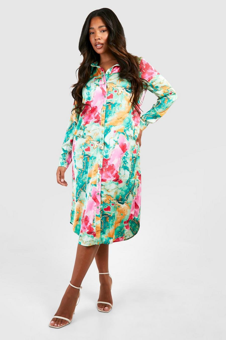 Green Plus Floral Print Satin Midi Shirt Dress 