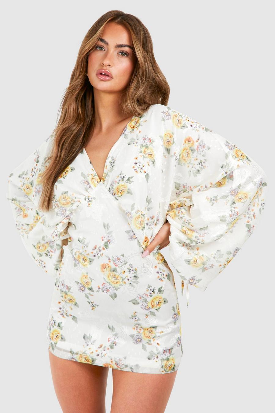 Cream Floral Extreme Batwing Plunge Mini Dress image number 1