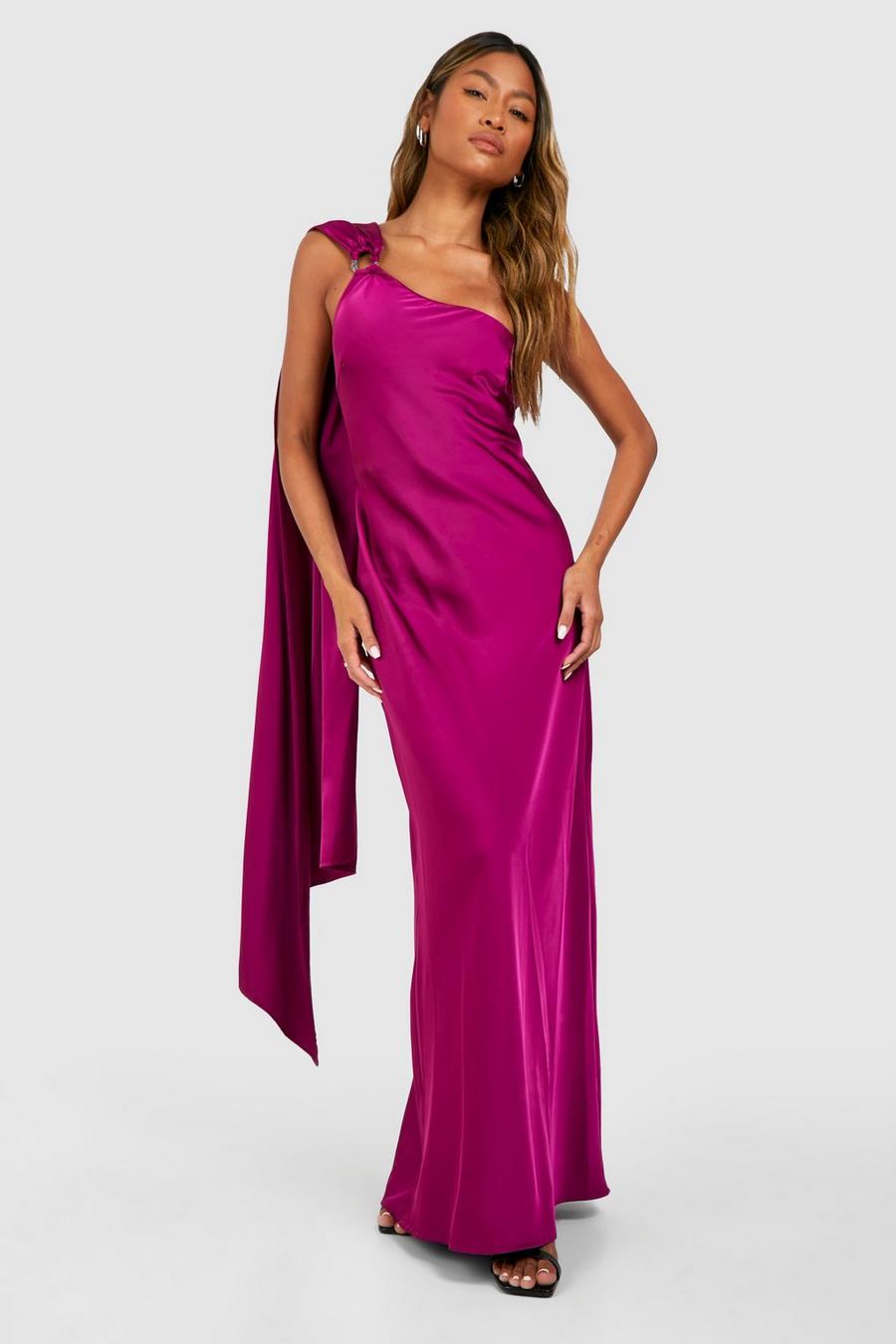 Purple Satin Draped Shoulder Maxi Dress