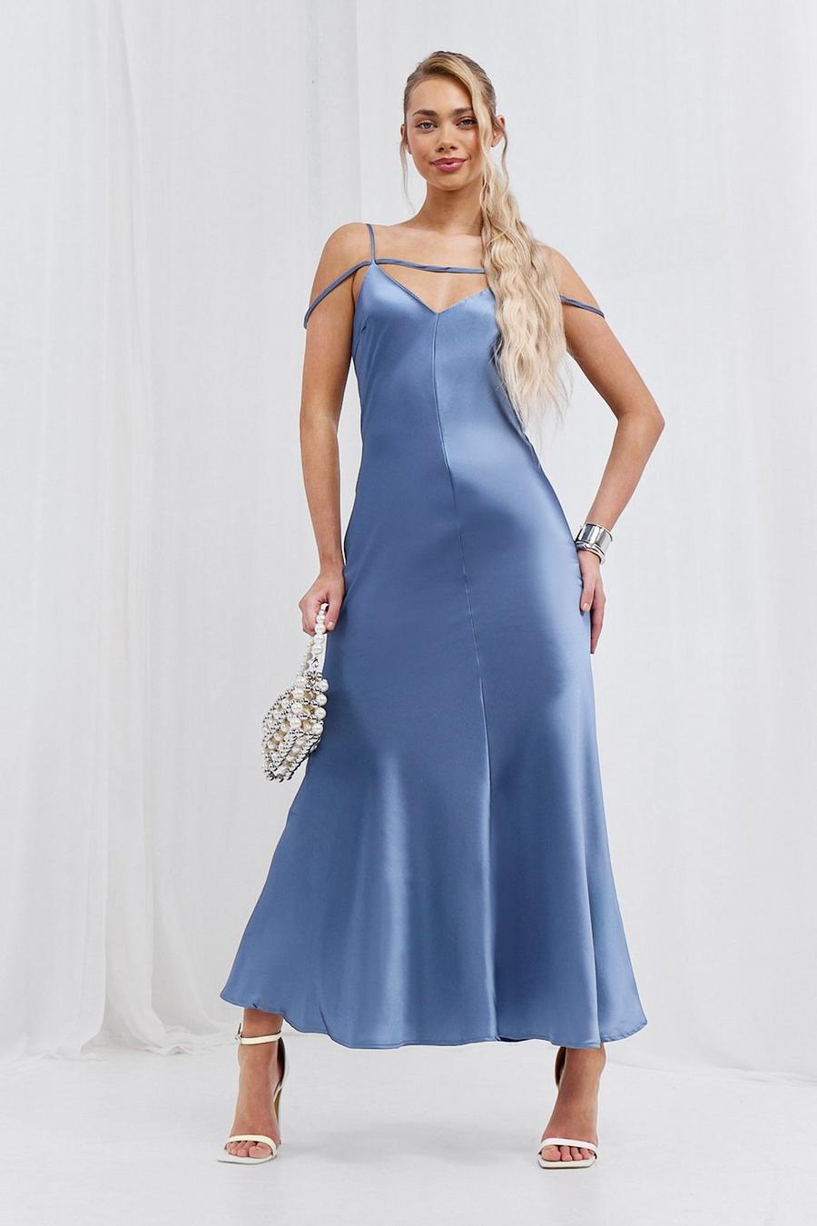 Blue Satin Strappy Plunge Maxi Slip Dress