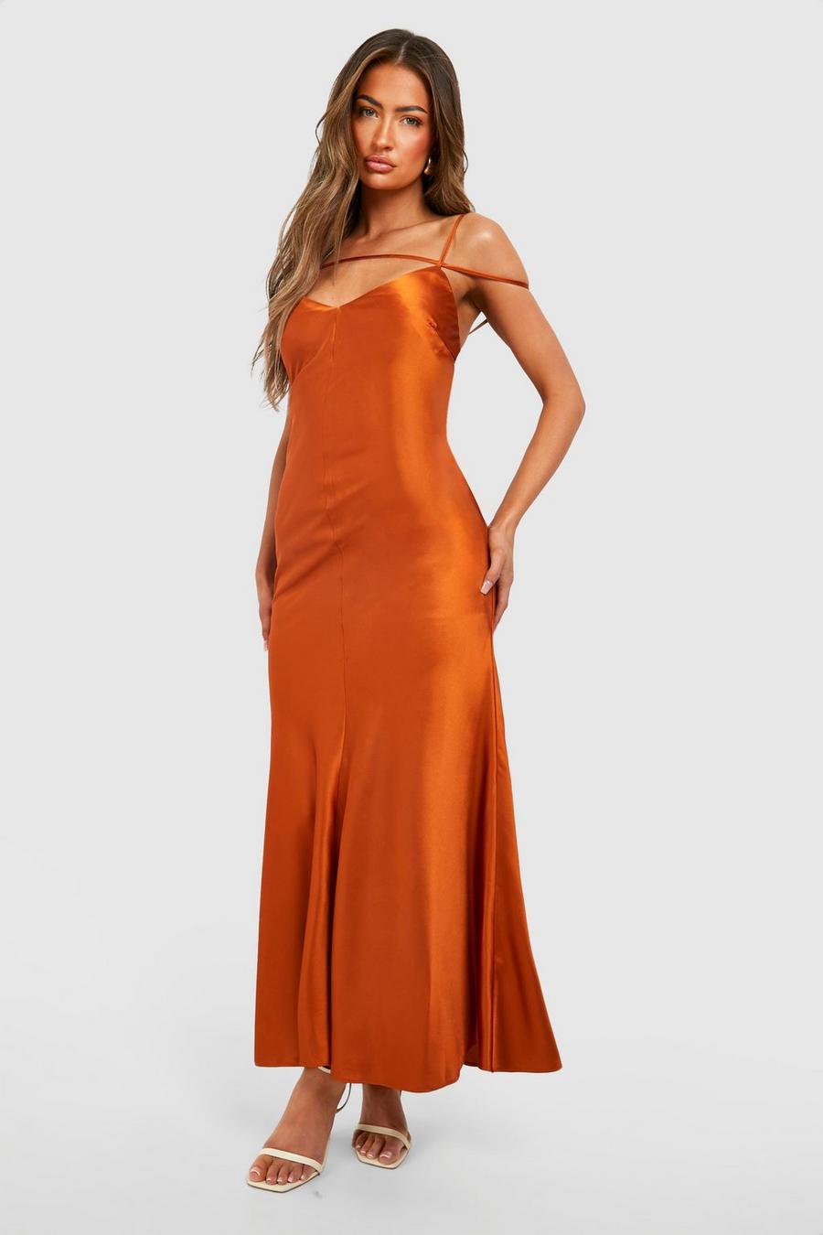 Orange Satin Strappy Plunge Maxi Slip Dress