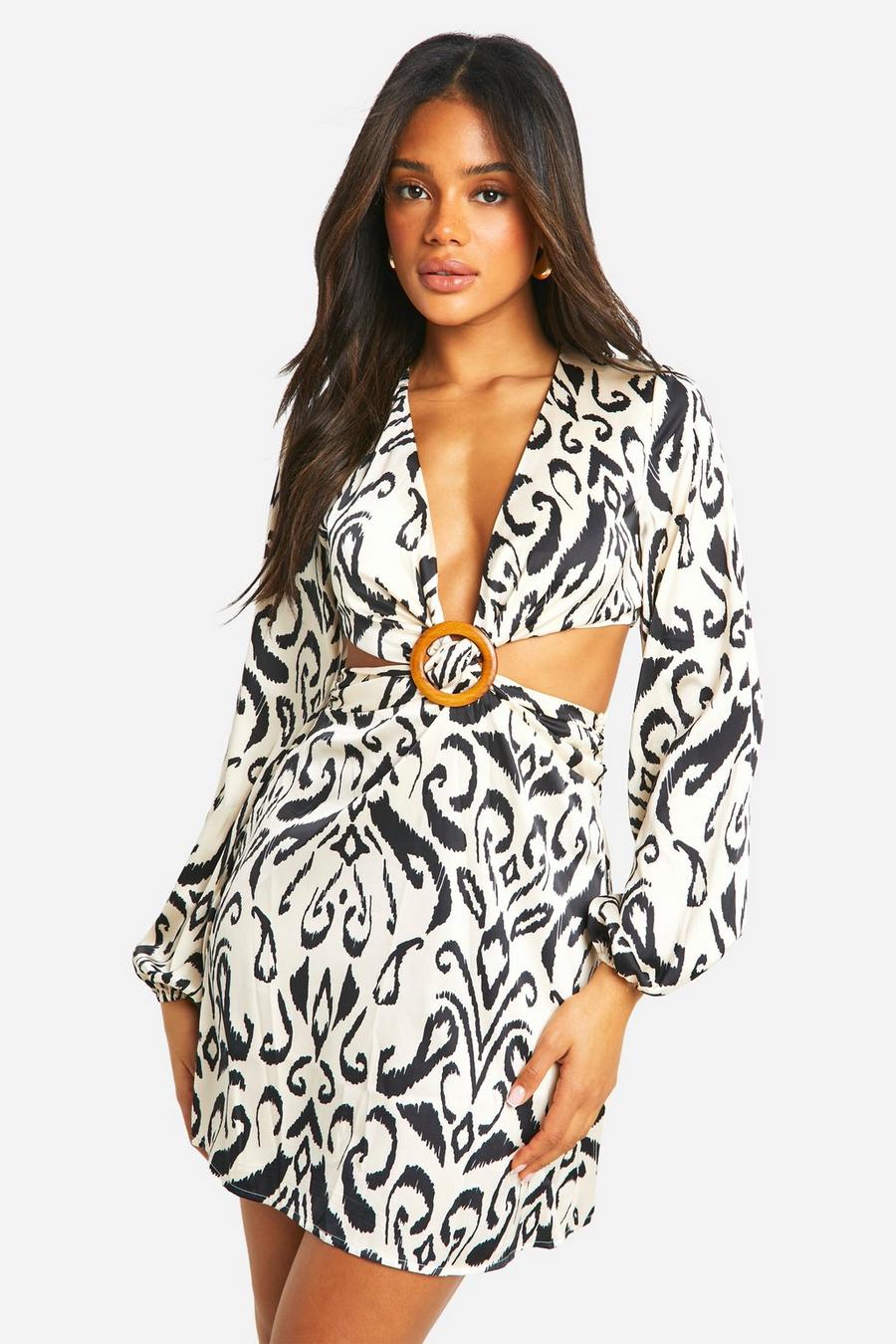 White Abstract Print Cut Out Mini Dress image number 1