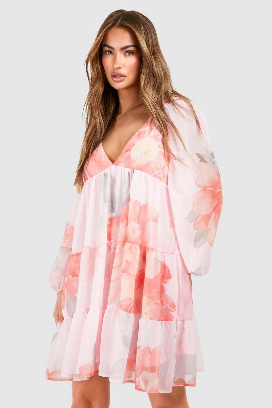 Pink Floral Tiered Chiffon Mini Dress image number 1