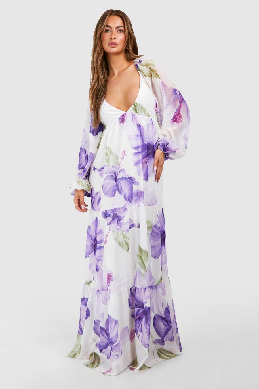 Vestido maxi de chifón escalonado con estampado de flores, Purple