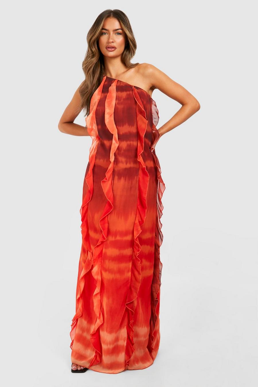 Orange Ombre Print Ruffle Asymmetric Maxi Dress