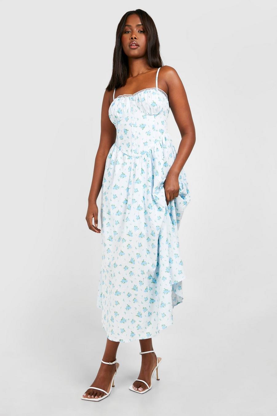 Blue Ditsy Floral Strappy Milkmaid Midaxi Dress