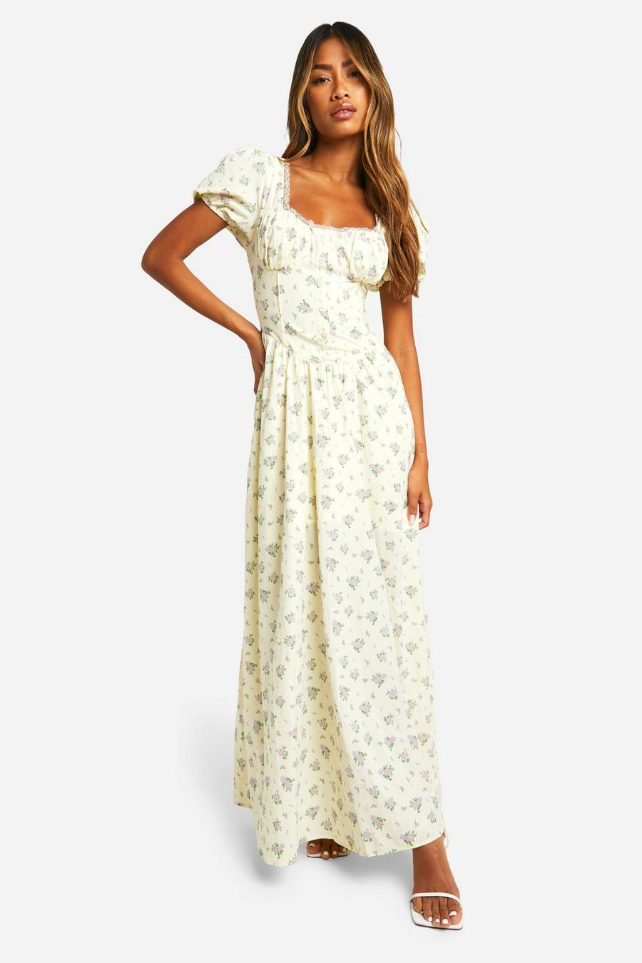 Yellow Ditsy Floral Puff Sleeve Milkmaid Maxi Dress