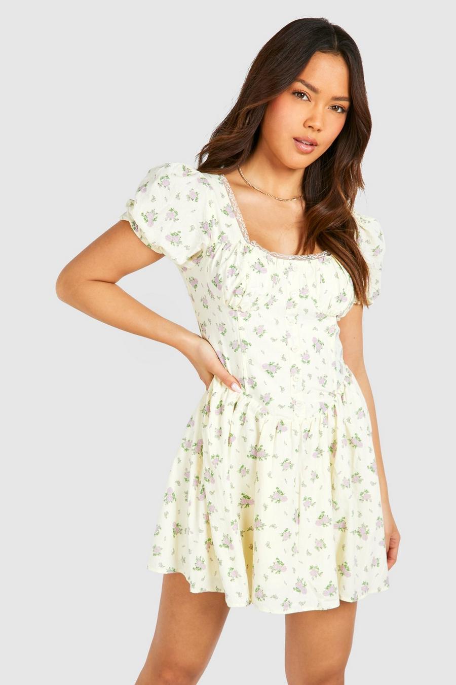 Yellow Ditsy Floral Puff Sleeve Milkmaid Mini Dress image number 1