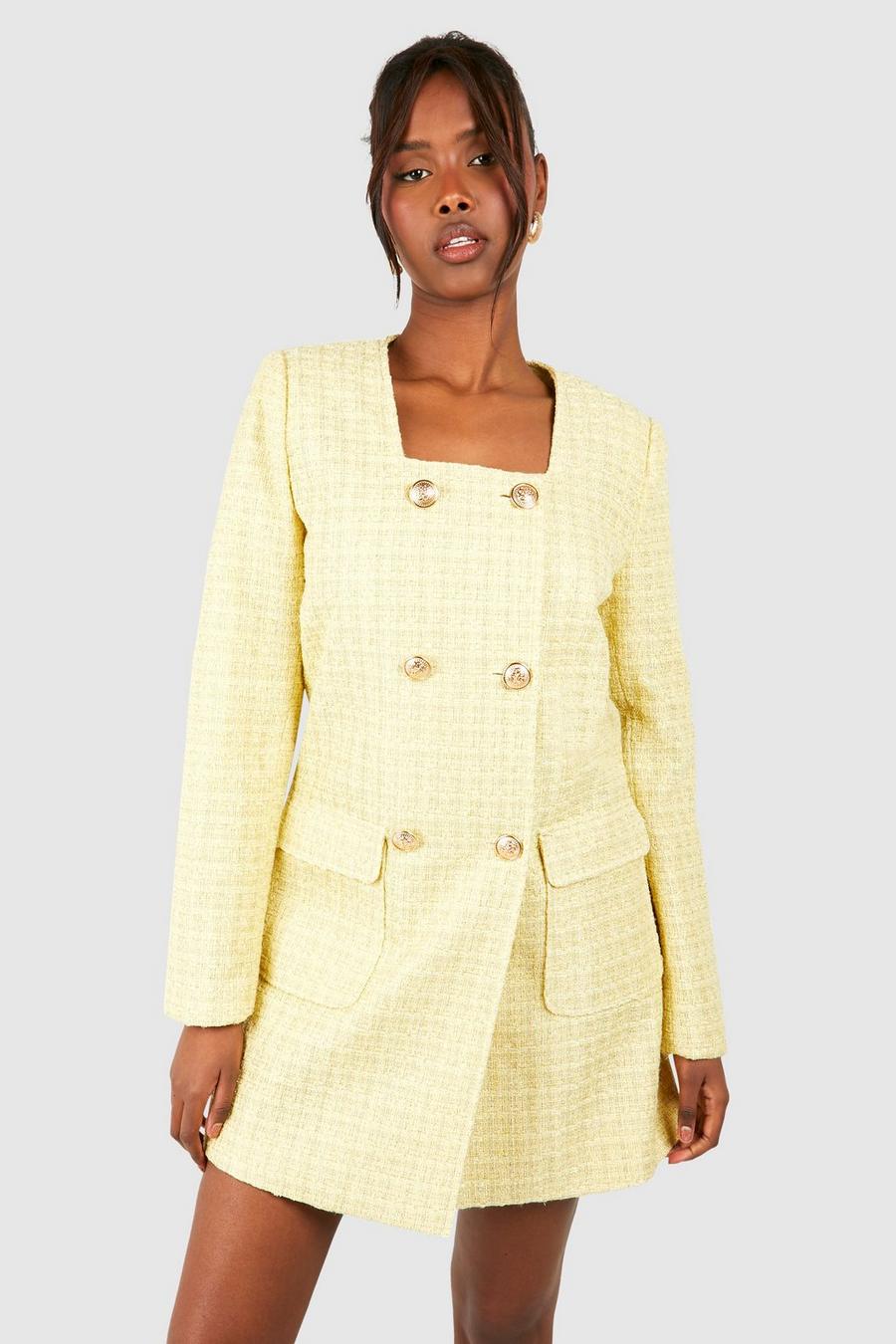 Vestido americana de tejido bouclé con botones, Lemon