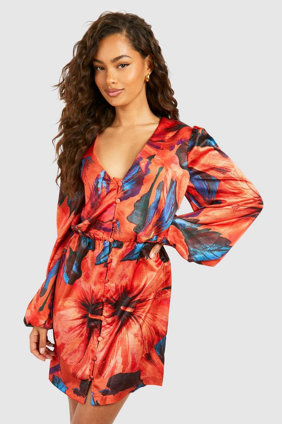 Orange Tropical Print Blouson Sleeve Mini Dress image number 1
