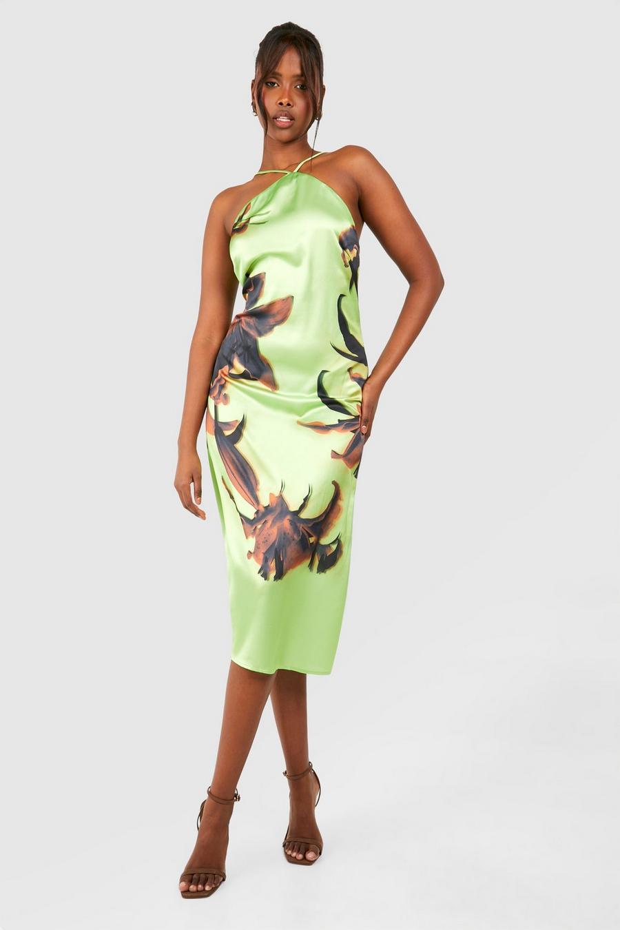 Green Floral Halterneck Midi Slip Dress