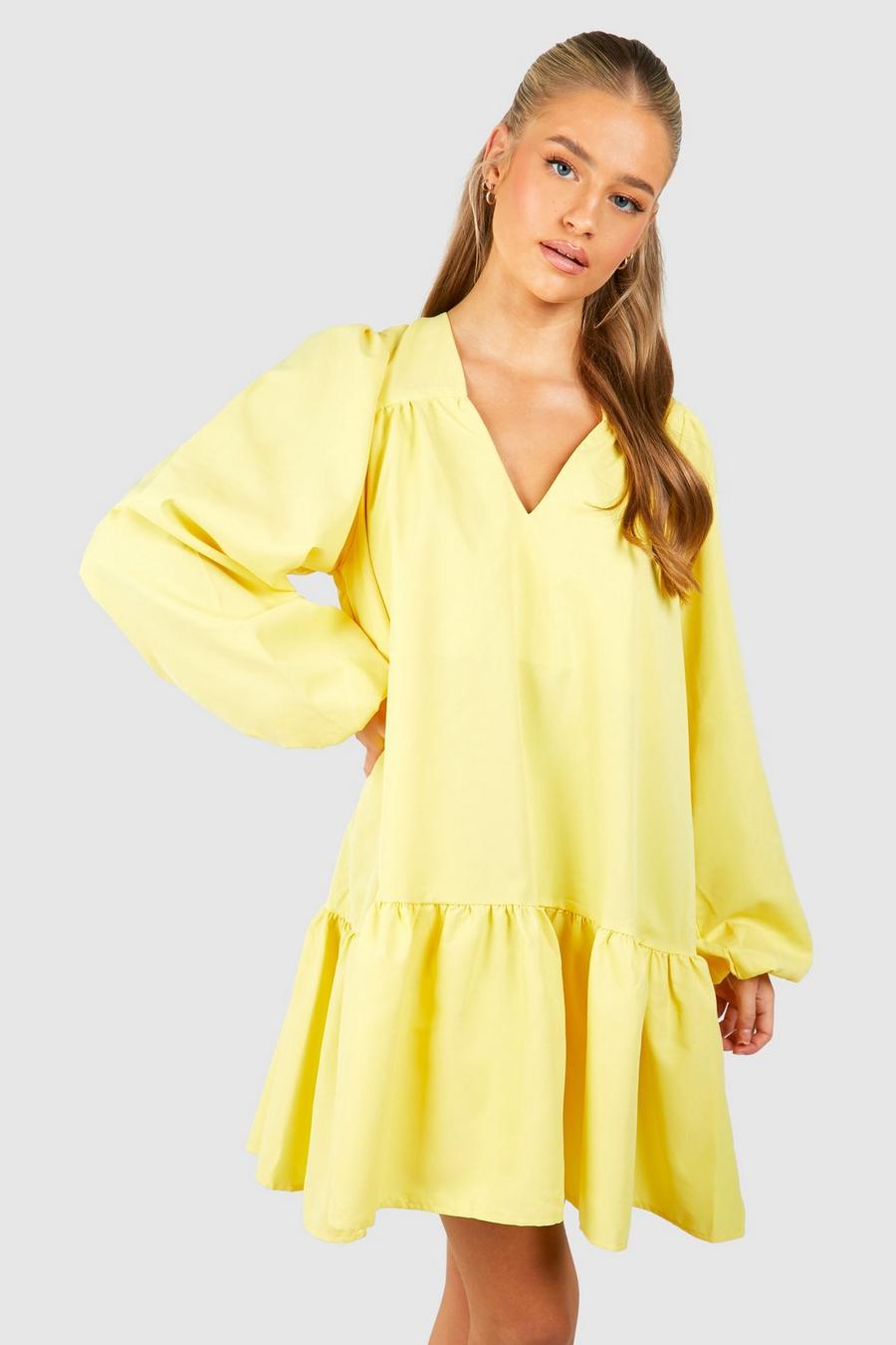 Yellow Poplin Blouson Sleeve Drop Hem Smock Dress