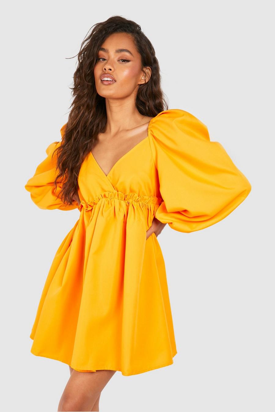 Orange Puff Sleeve Plunge Smock Dress