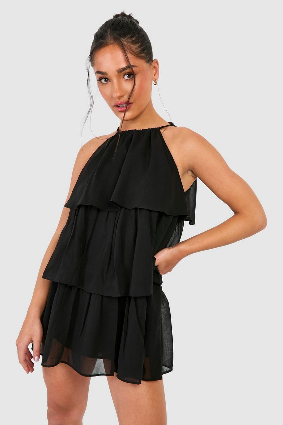 Black Petite Chiffon Tiered Mini Dress