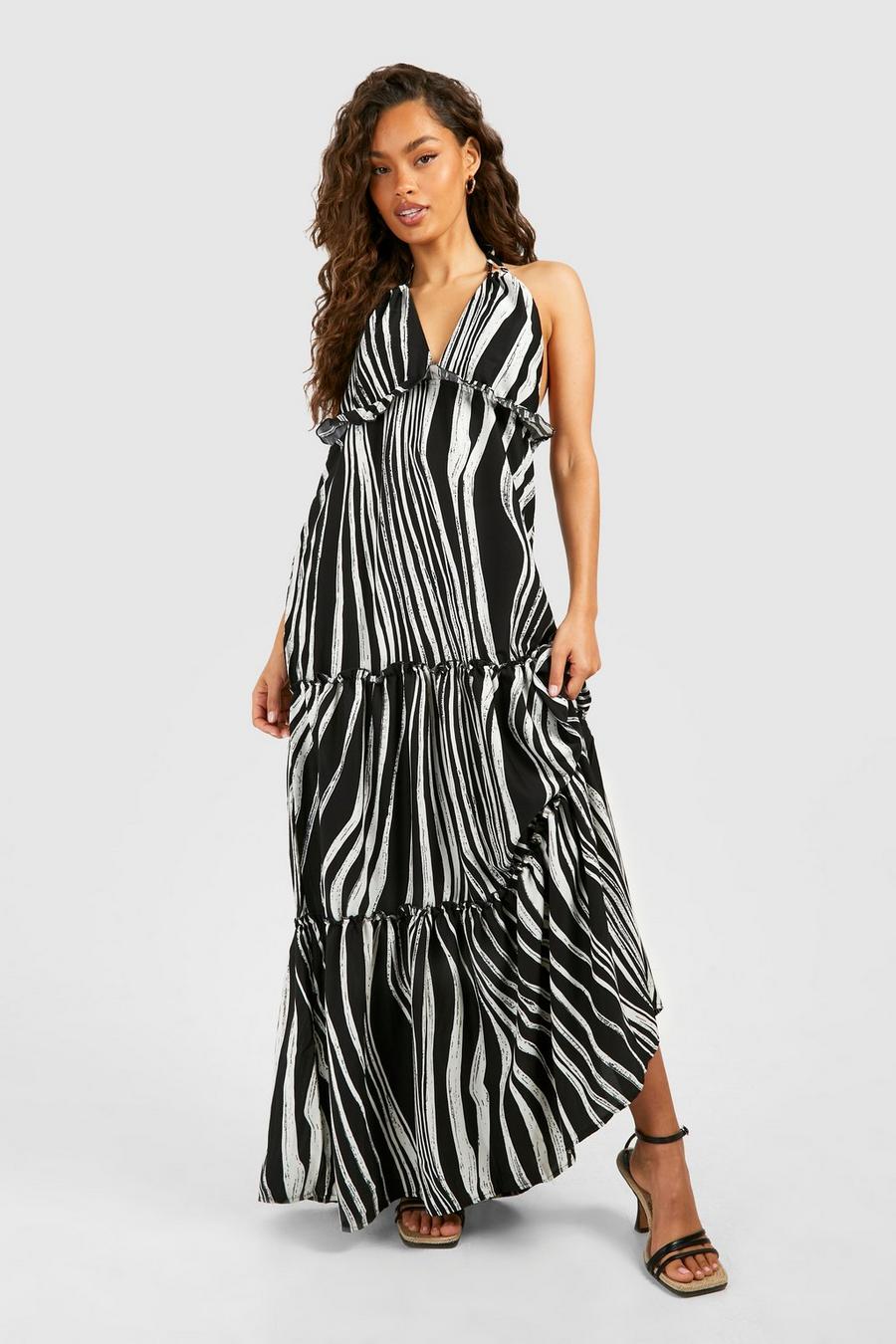 Black Abstract Print Halterneck Tiered Maxi Dress image number 1