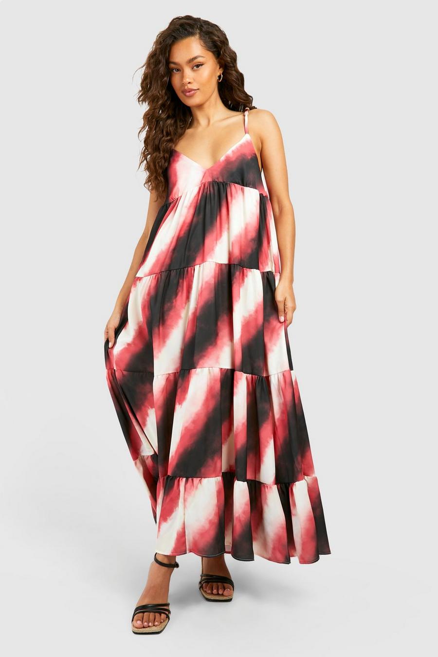 Pink Ombre Print Bead Strappy Tiered Midaxi Dress
