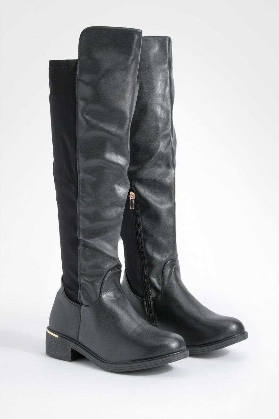 Black Wide Fit Panel Detail Knee High Boot
