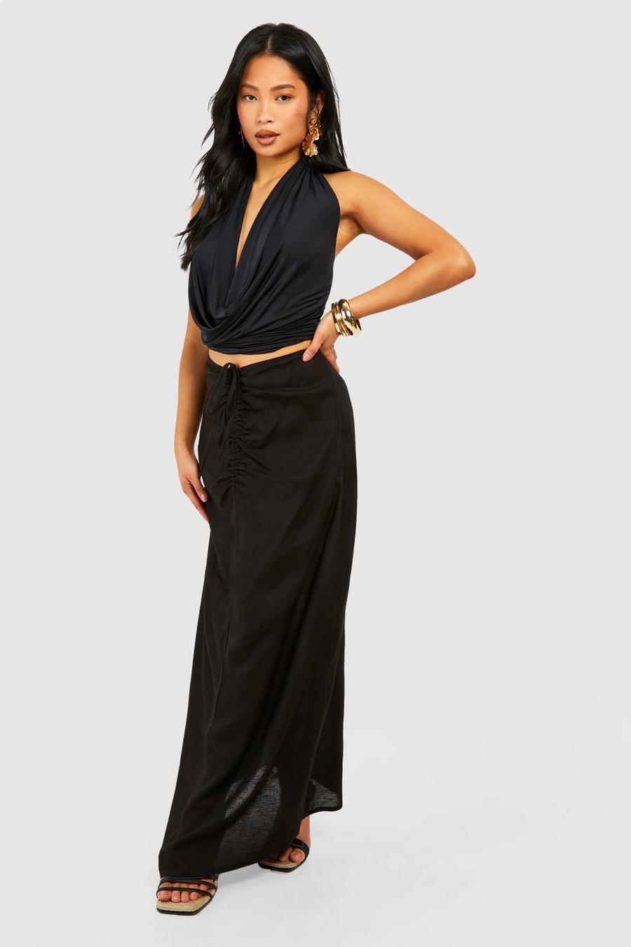 Black Petite Linen Gathered Maxi Skirt