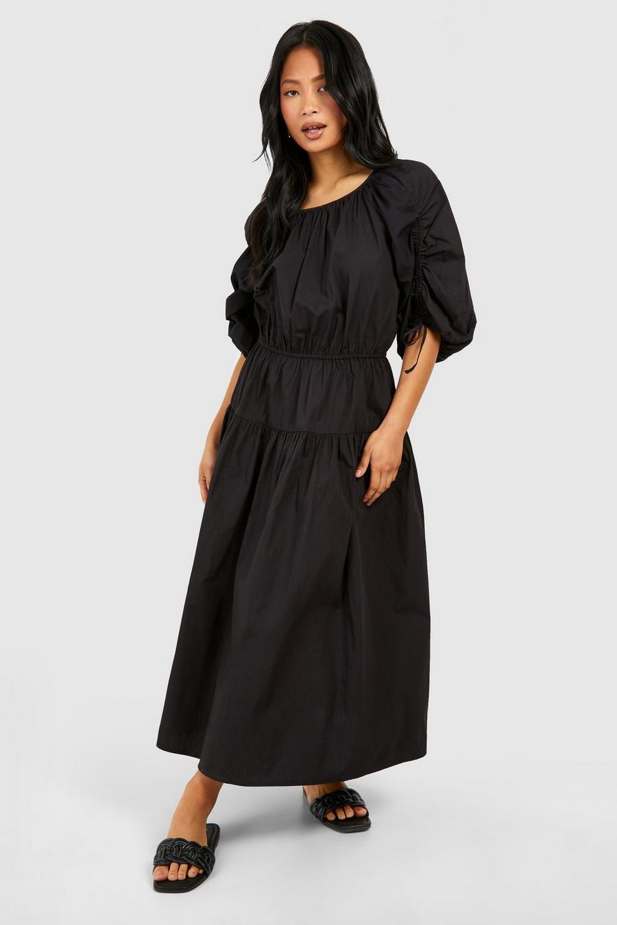 Black Petite Puff Sleeve Midi Dress