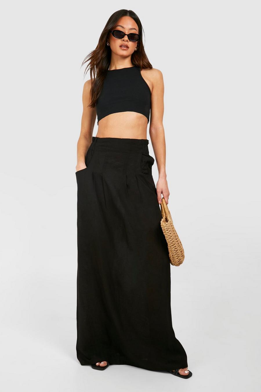 Black Tall Linen Pocket Maxi Skirt 