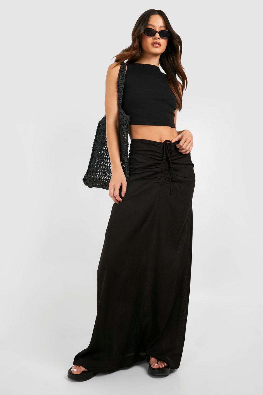 Black Tall Linen Ruched Front Maxi Skirt 