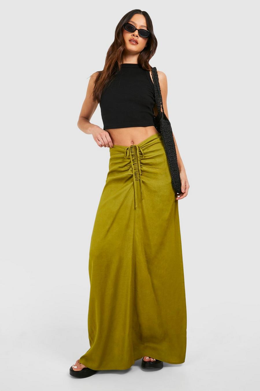 Khaki Tall Linen Ruched Front Maxi Skirt 