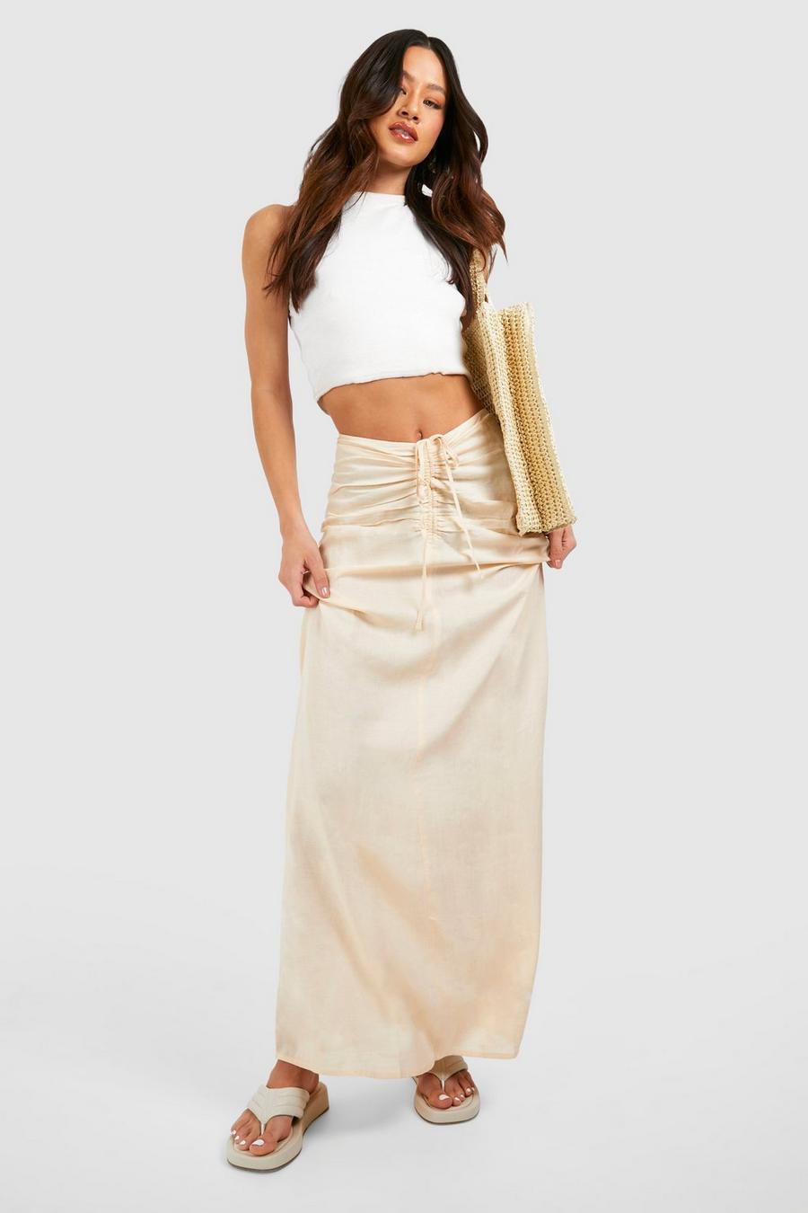 Stone Tall Linen Ruched Front Maxi Skirt 
