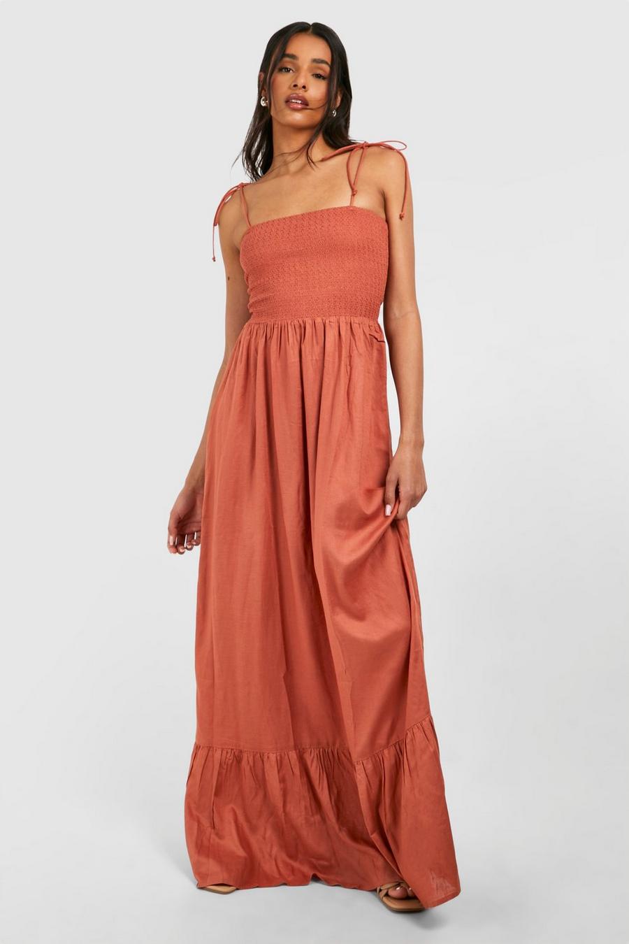Tall Shirred Bardot Maxi Dress, Terracotta