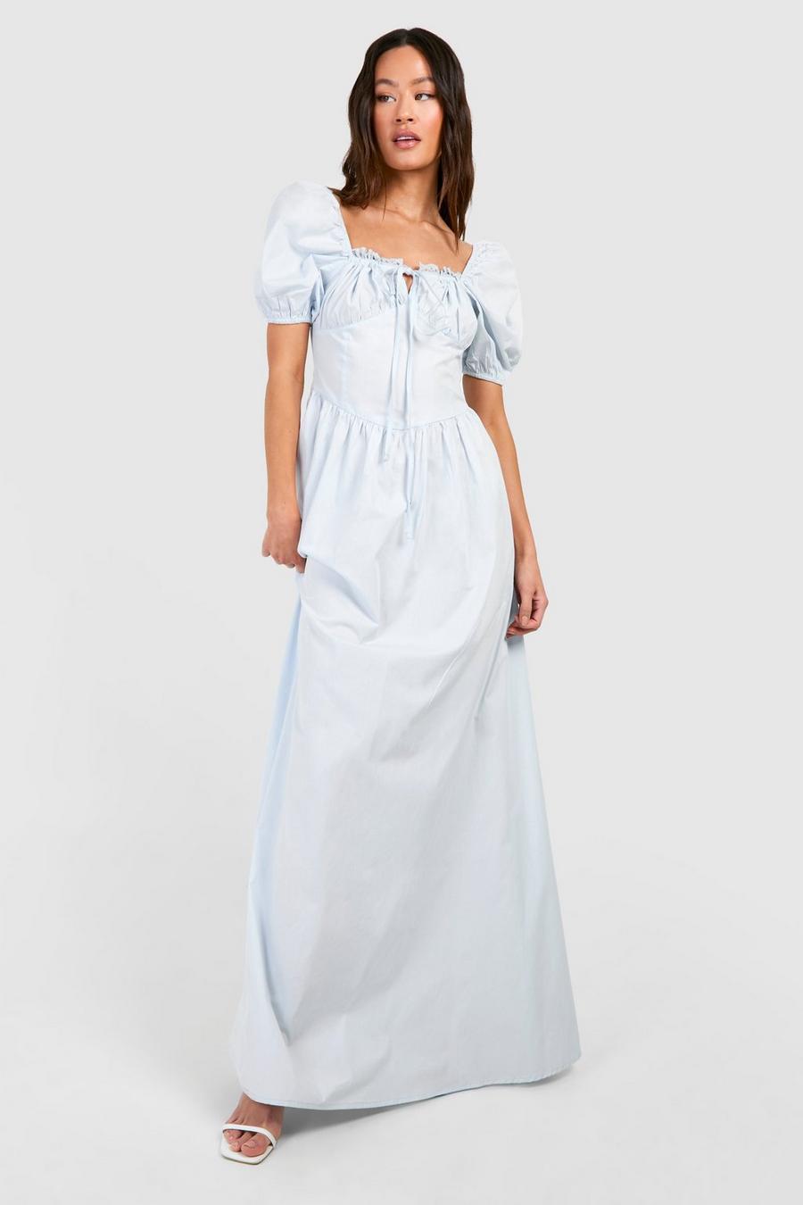 Blue Tall Cotton Poplin Milkmaid Maxi Dress image number 1