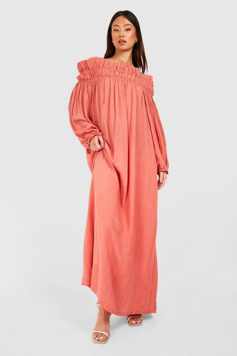 Dusty pink Tall Shirred Off The Shoulder Maxi Dress