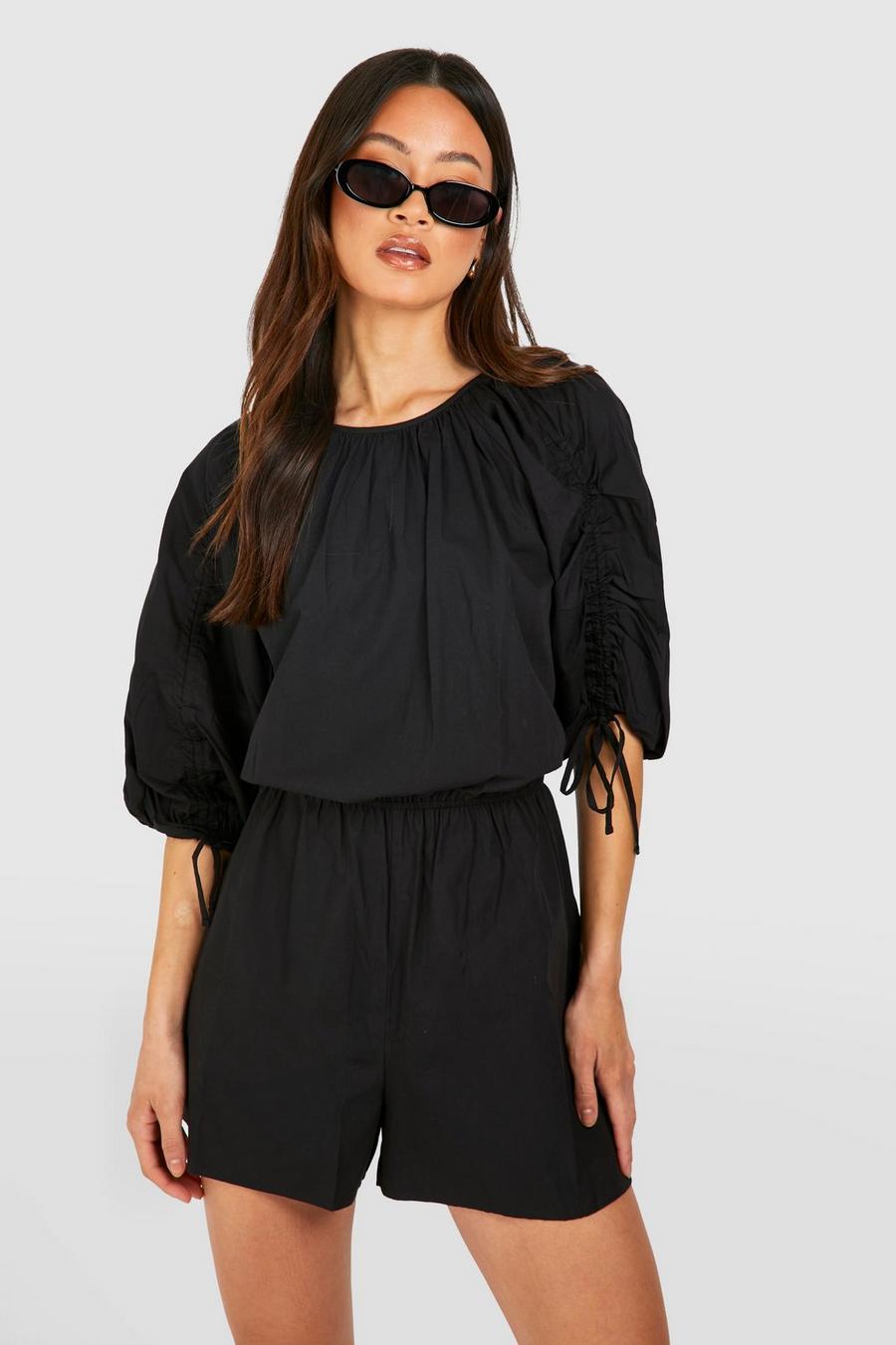 Black Tall Cotton Ruched Sleeve Romper