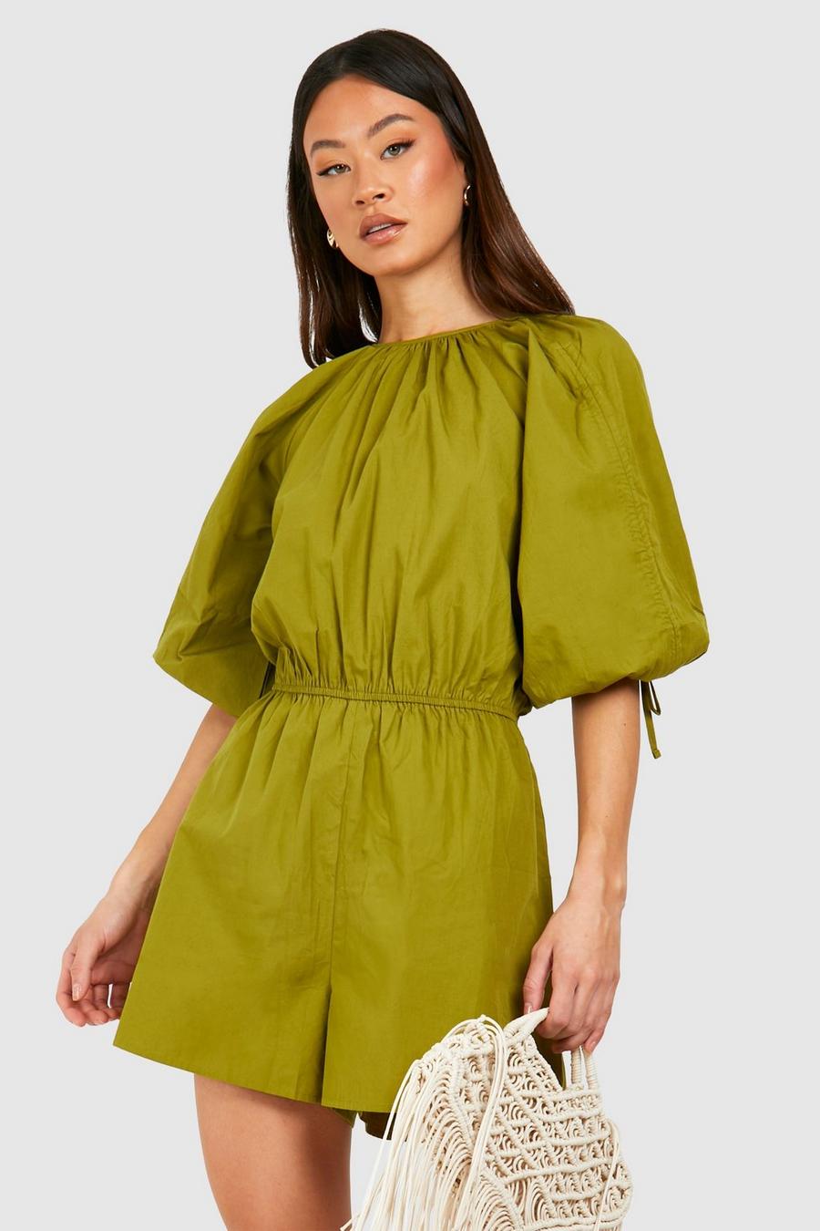 Khaki Tall Cotton Ruched Sleeve Playsuit image number 1