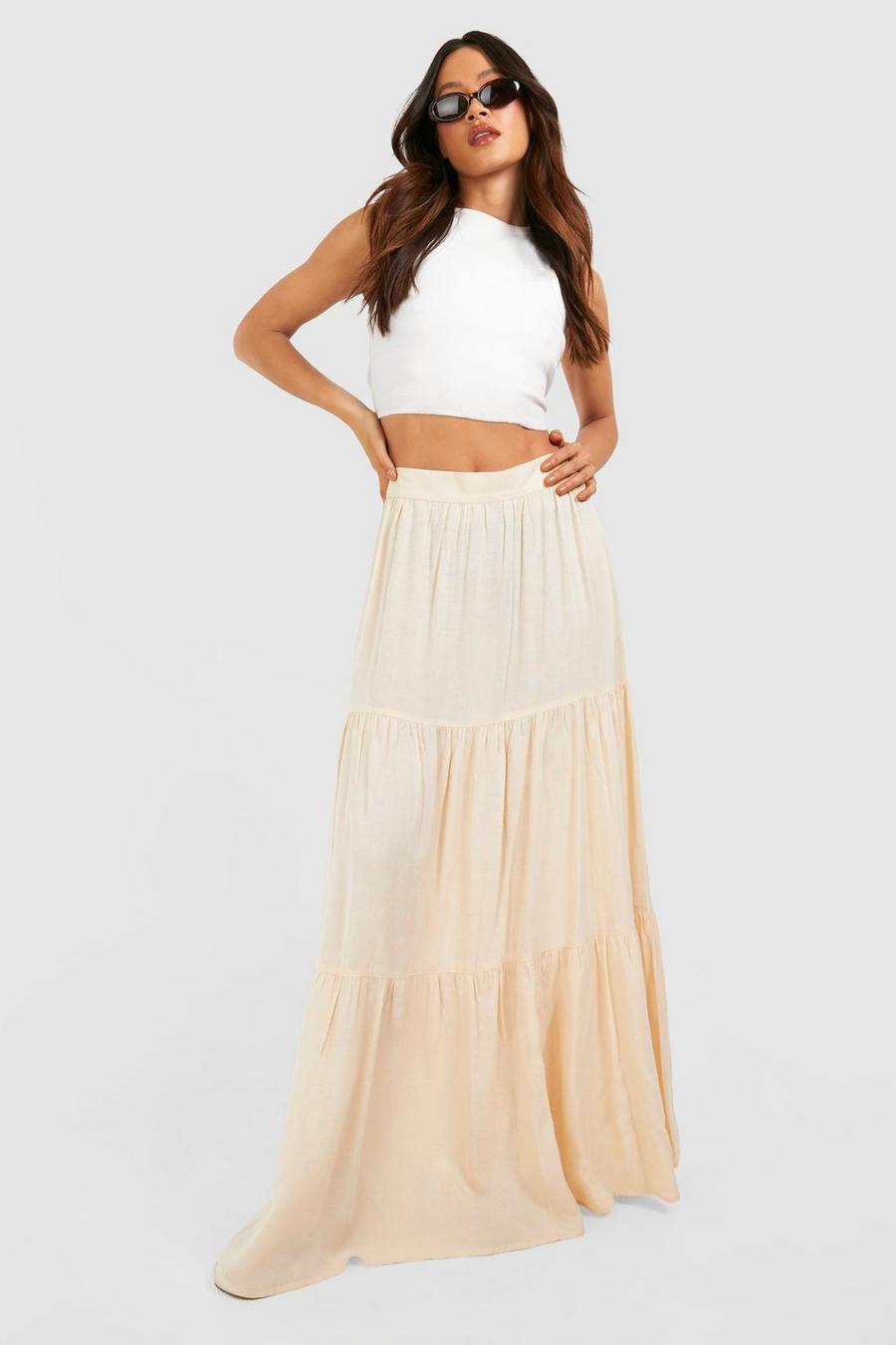 Stone Tall Woven Linen Tiered Hem Maxi Skirt   image number 1