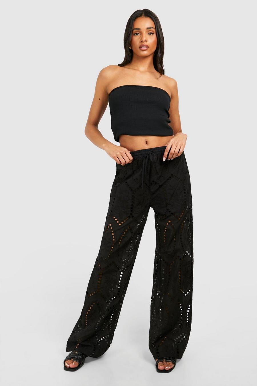 Tall Woven Broderie Wide Leg Trousers, Black