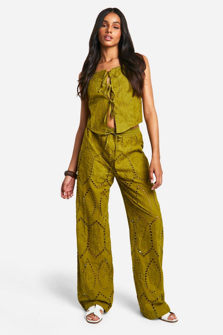 Khaki Tall Woven Broderie Wide Leg Trousers image number 1