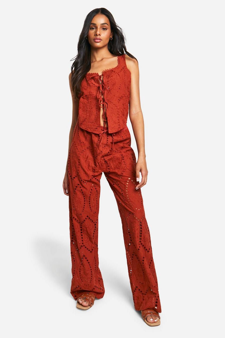Rust Tall Woven Broderie Wide Leg Trousers