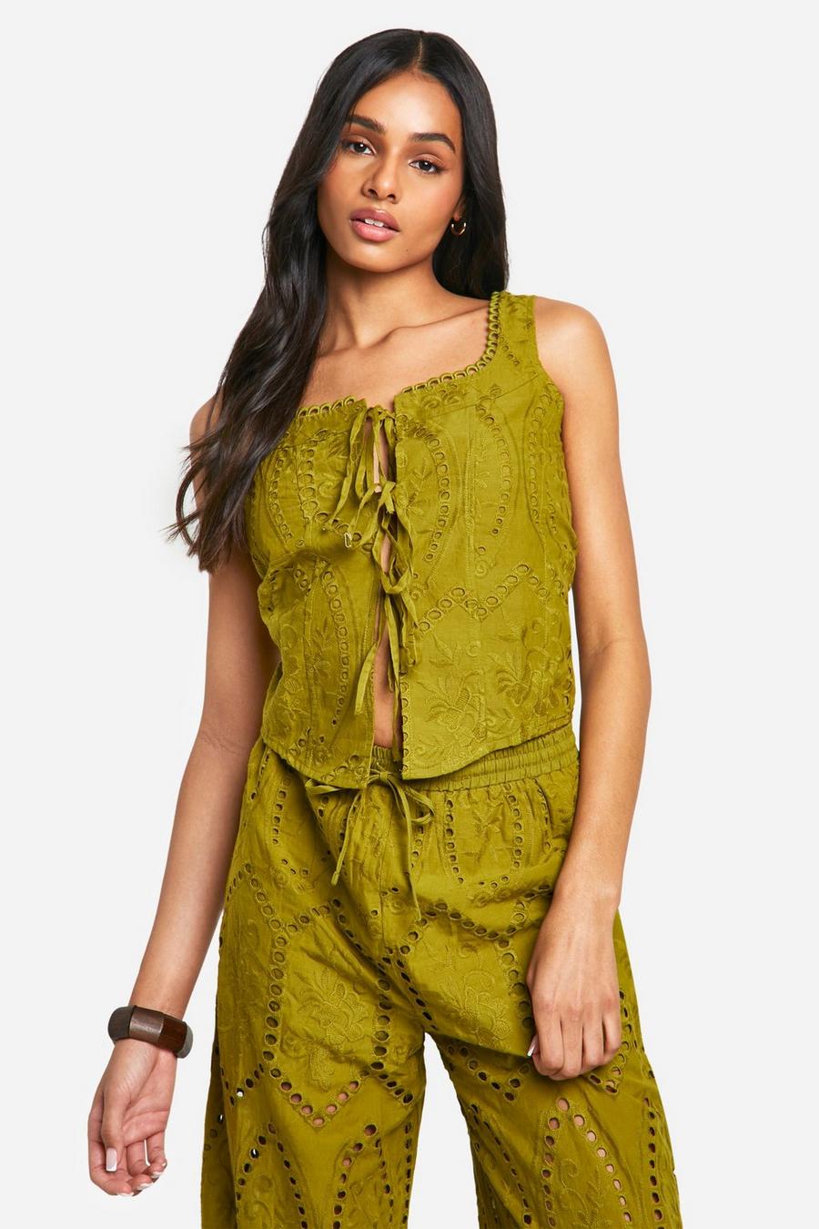 Khaki Tall Broderie Lace Up Top 