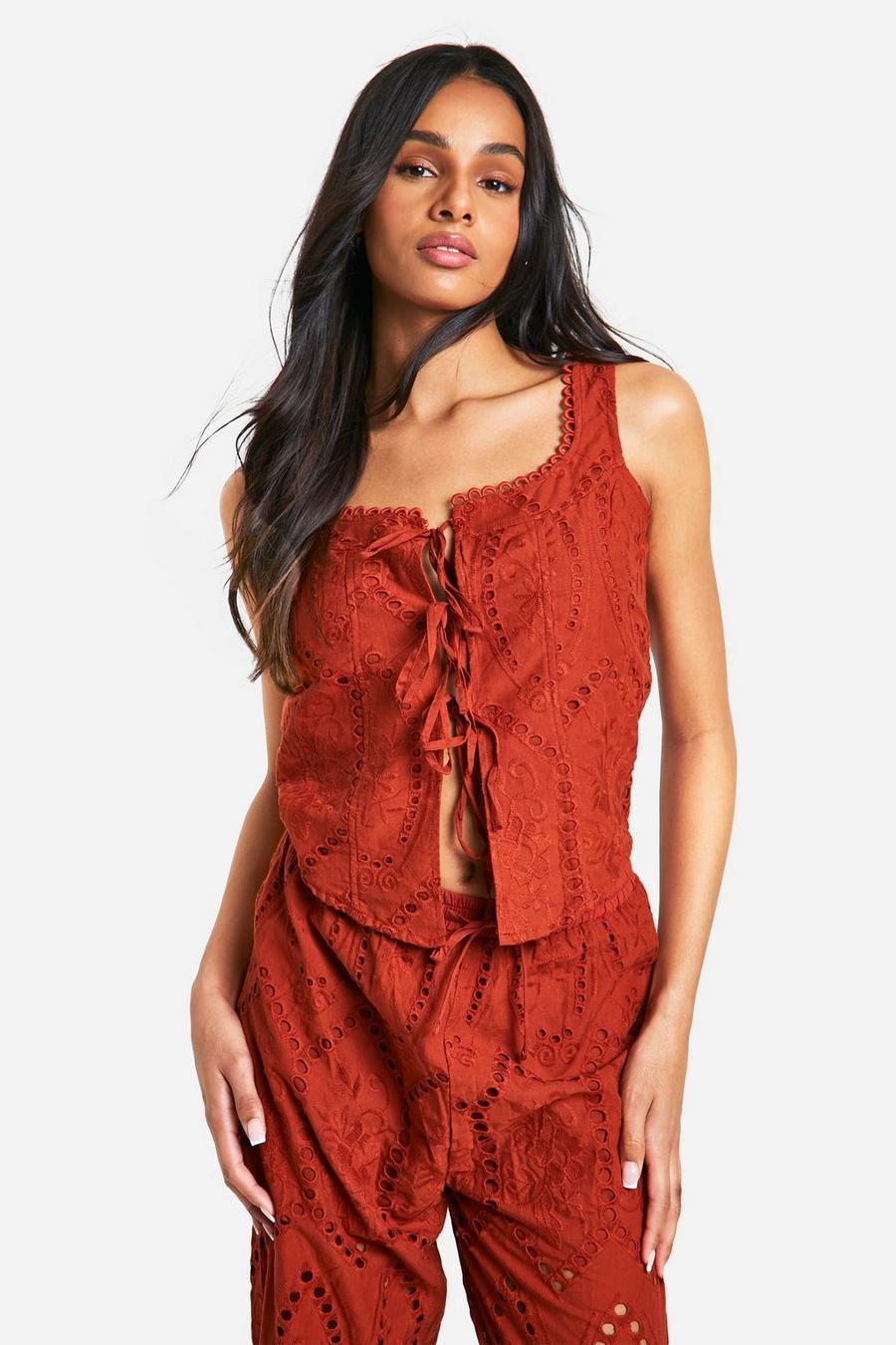 Rust Tall Eyelet Lace Up Top image number 1