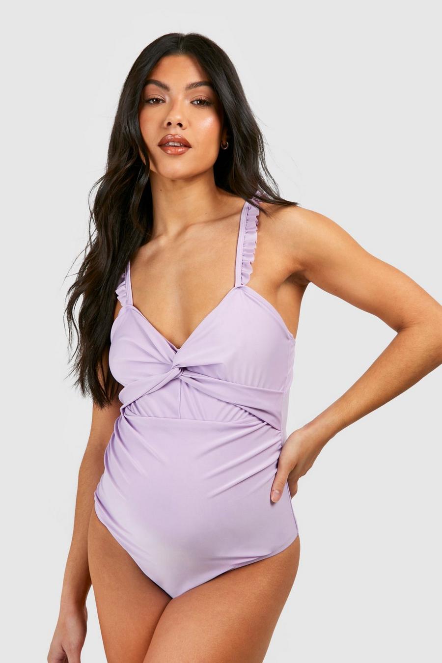 Lilac Maternity Knot Front Frill Shoulder Swimsuit image number 1