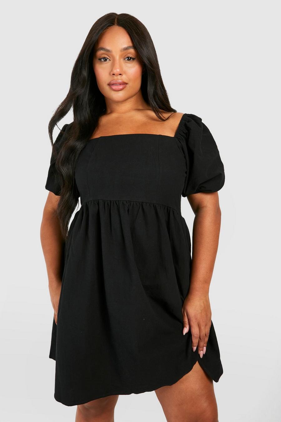 Black Plus Linen Puff Sleeve Mini Smock Dress