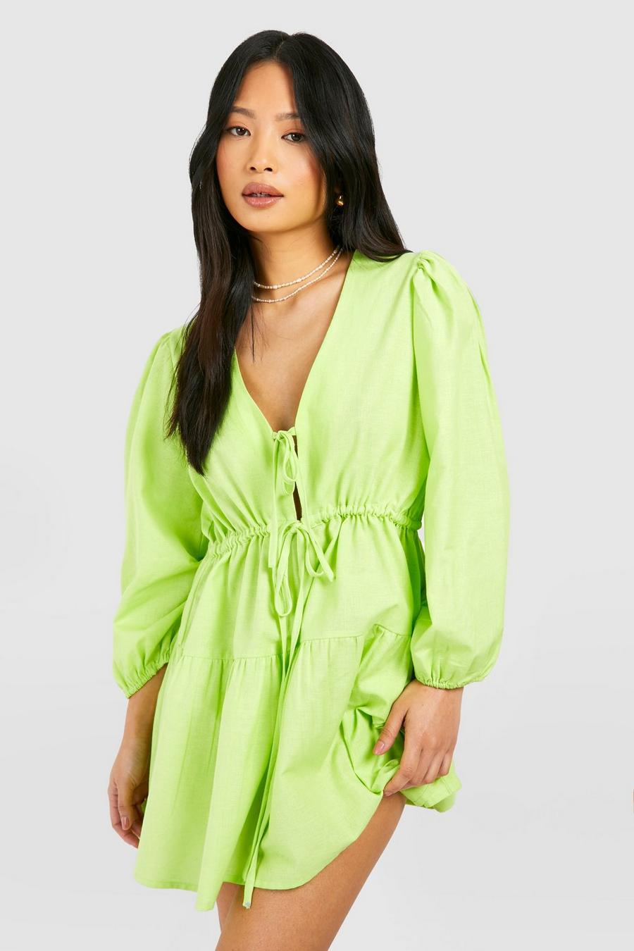 Vestido Petite mini de lino con atadura, Lime