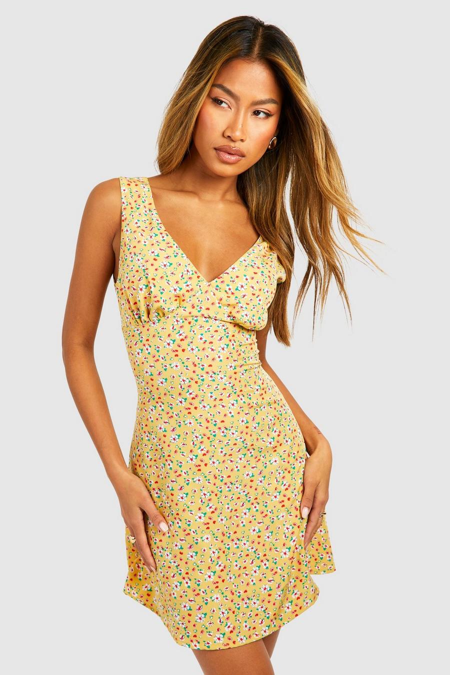 Yellow Ditsy Floral Plunge Mini Dress