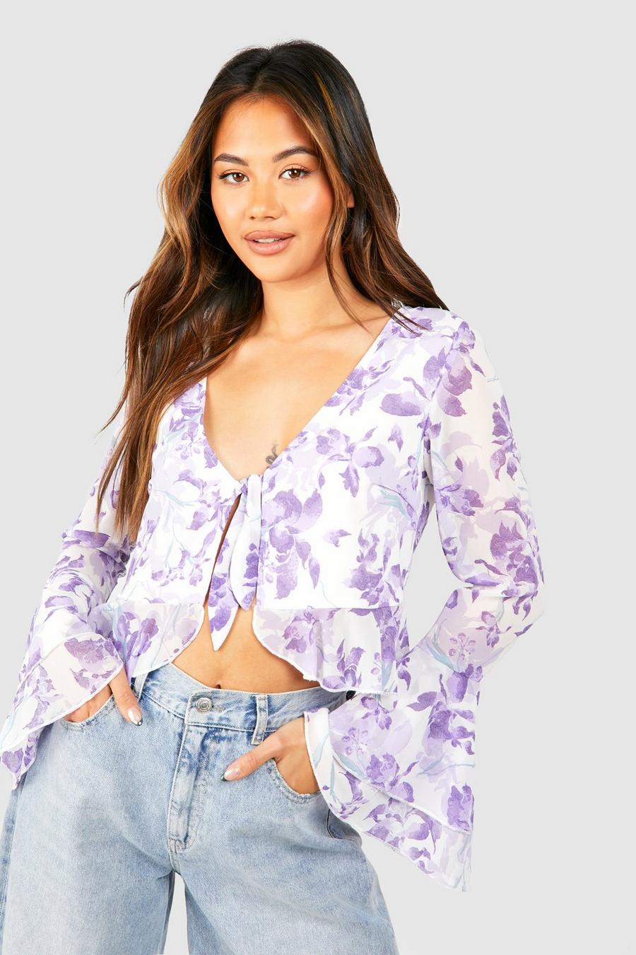 Purple Floral Ruffle Blouse image number 1