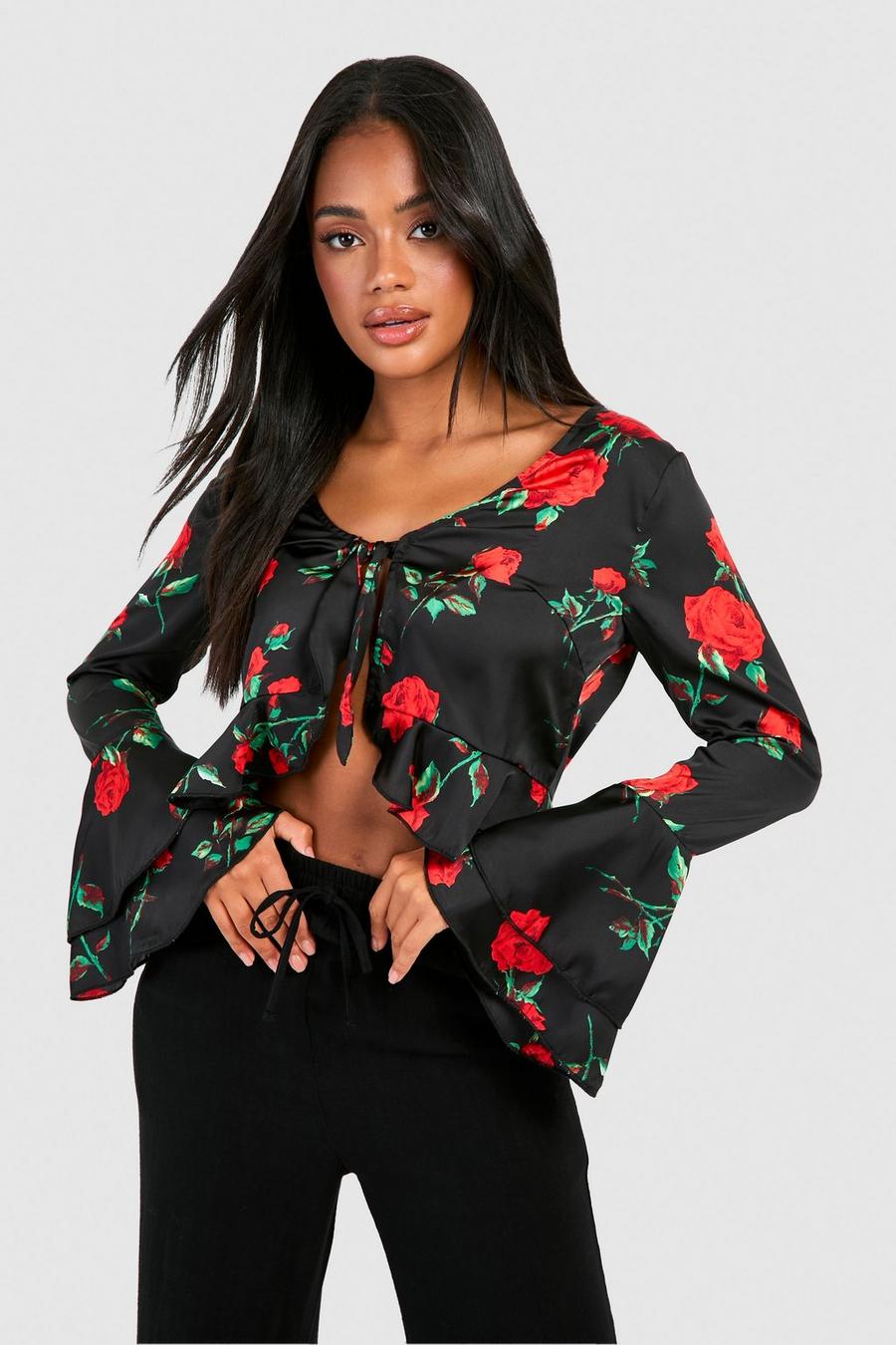 Red Rose Print Ruffle Blouse