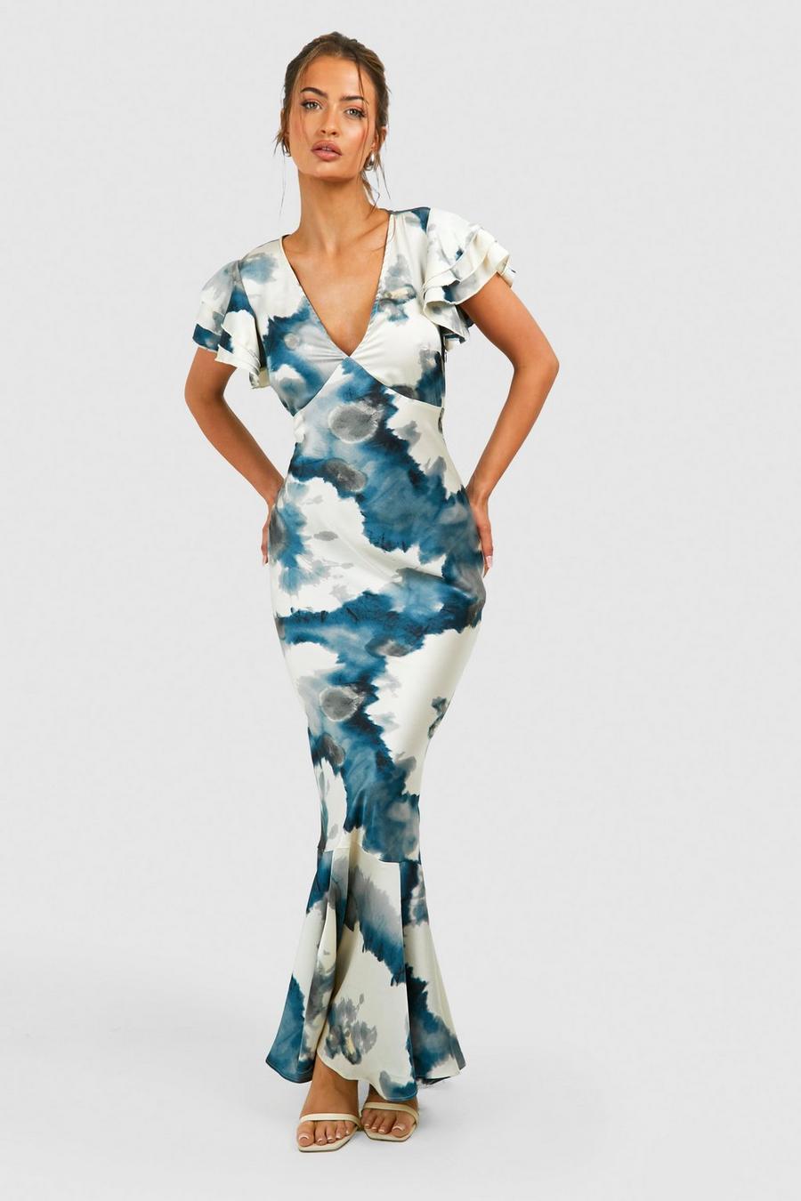 Blue Abstract Satin Ruffle Sleeve Maxi Dress