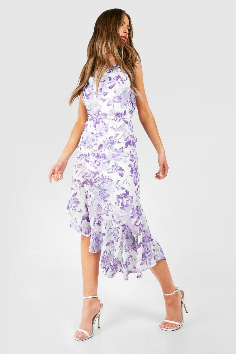 Purple Abstract Satin Ruffle Sleeve Maxi Dress